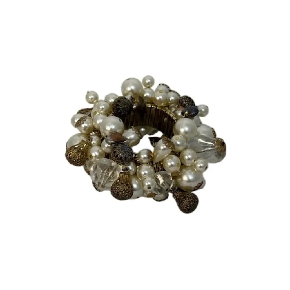 VTG Expansion Cha Cha Bracelet White Faux Pearl Crystal Filigree Dangle Beads